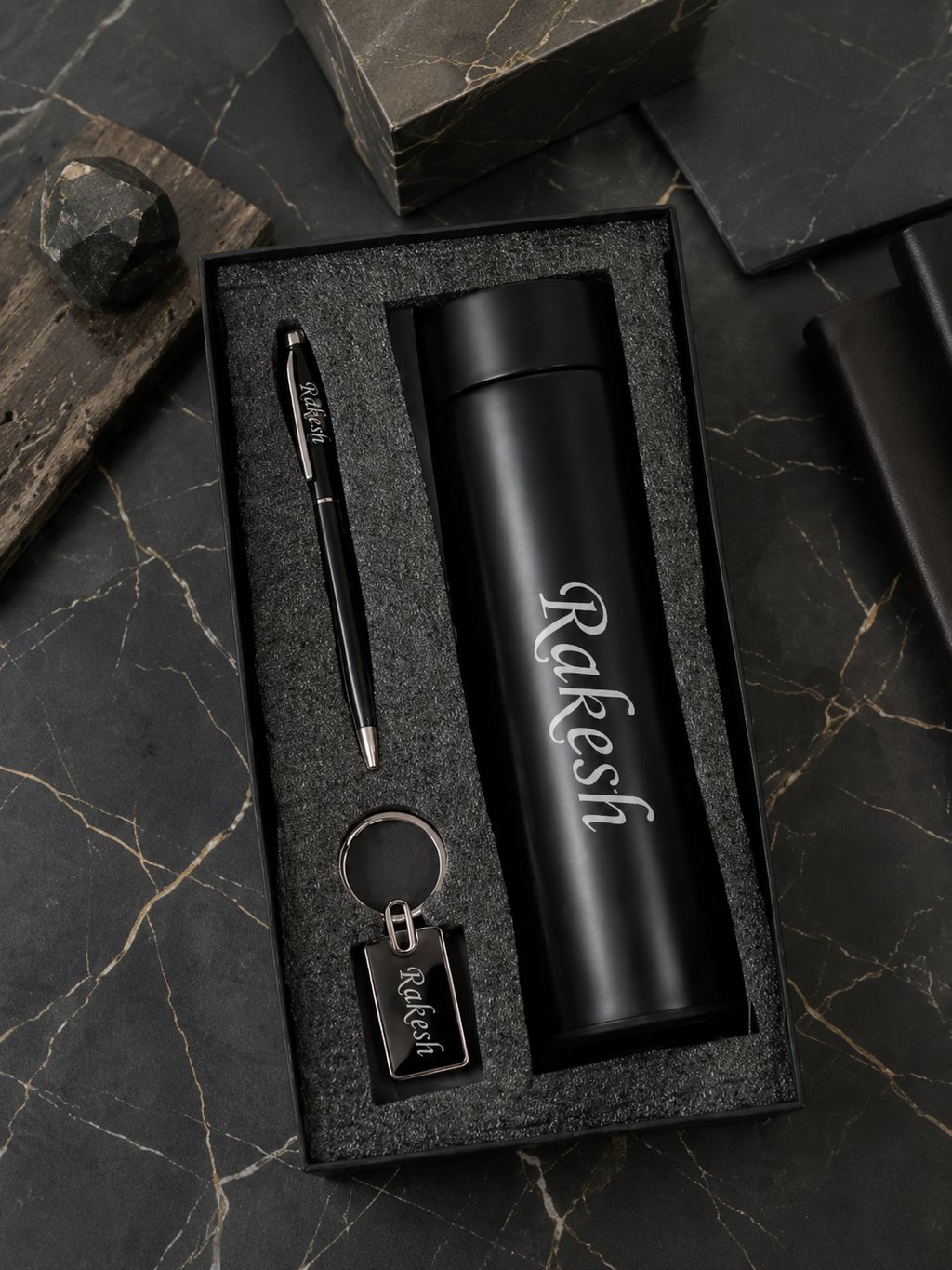 Gift Set with Customized Temperature Bottle, Pen & Keychain