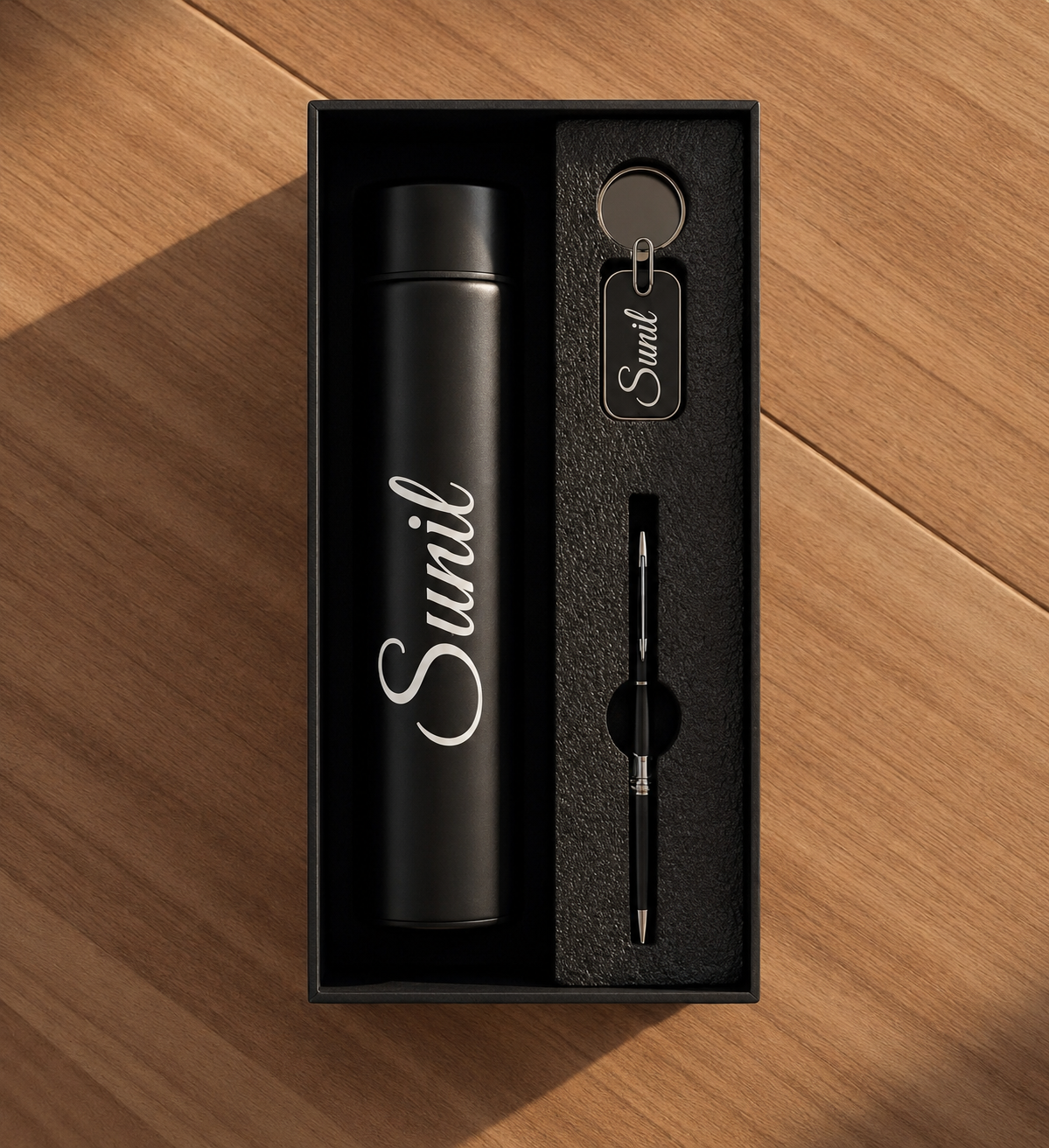 Gift Set with Customized Temperature Bottle, Pen & Keychain